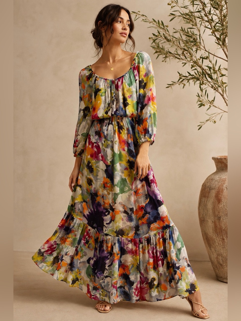 Meadow Rue Floral Watercolor Maxi Dress Size 8 Anthropologie